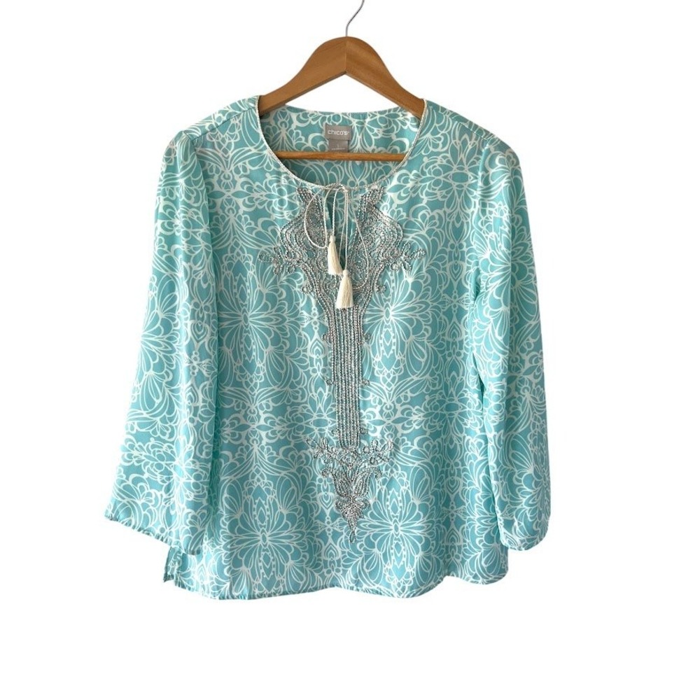 Chico's Blouse Size 1 M Aqua White Medallion Print Beaded Tassel Tunic Top